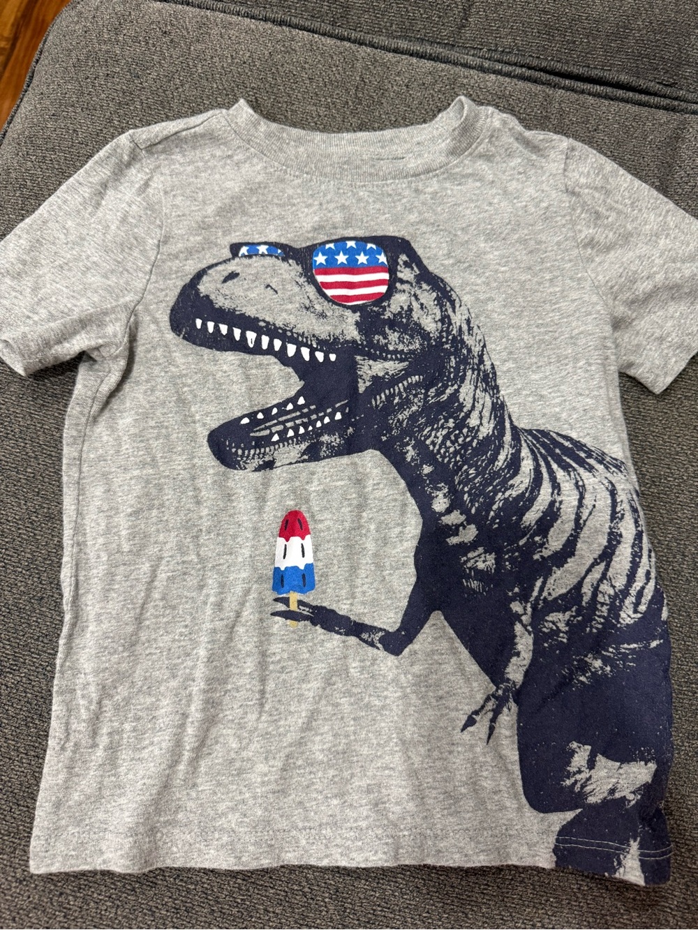Old Navy Gray Tee with Navy Dino and Red-White-Blue Sunglasses